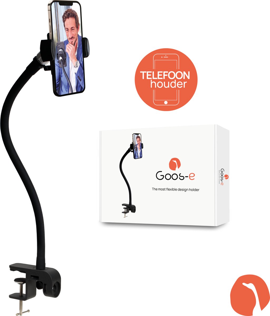 GOOS-E Telefoonhouder- Telefoonstandaard - Telefoonstatief – met flexibele hals 55 cm + 2-weg klem - Flexibel & Stijlvol - o.a. bureau, tafel, hometrainer, bed - NL design