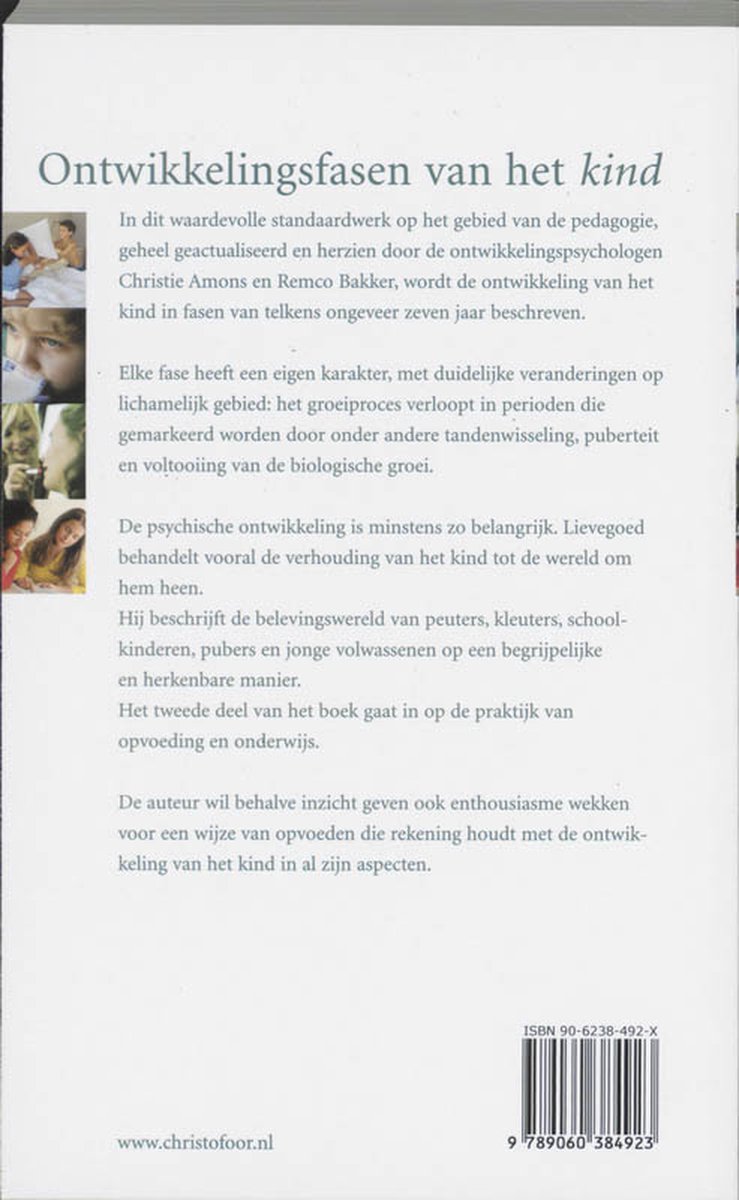 Achterkant boek 'Ontwikkelingsfasen van het kind' met foto's en tekst. ISBN en website vermeld.