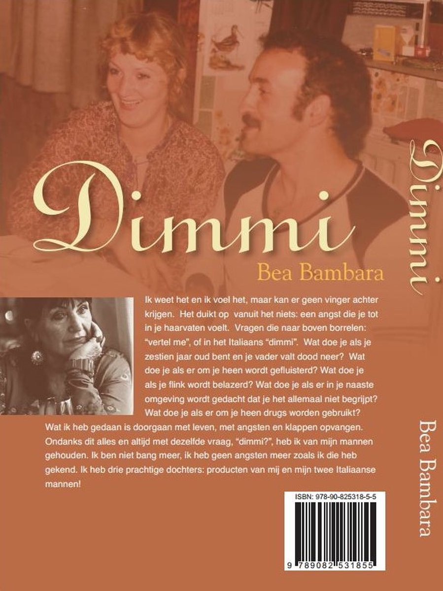 Achterkant van het boek 'Dimmi' met een foto van Bea Bambara met twee andere personen, inclusief tekst en ISBN.