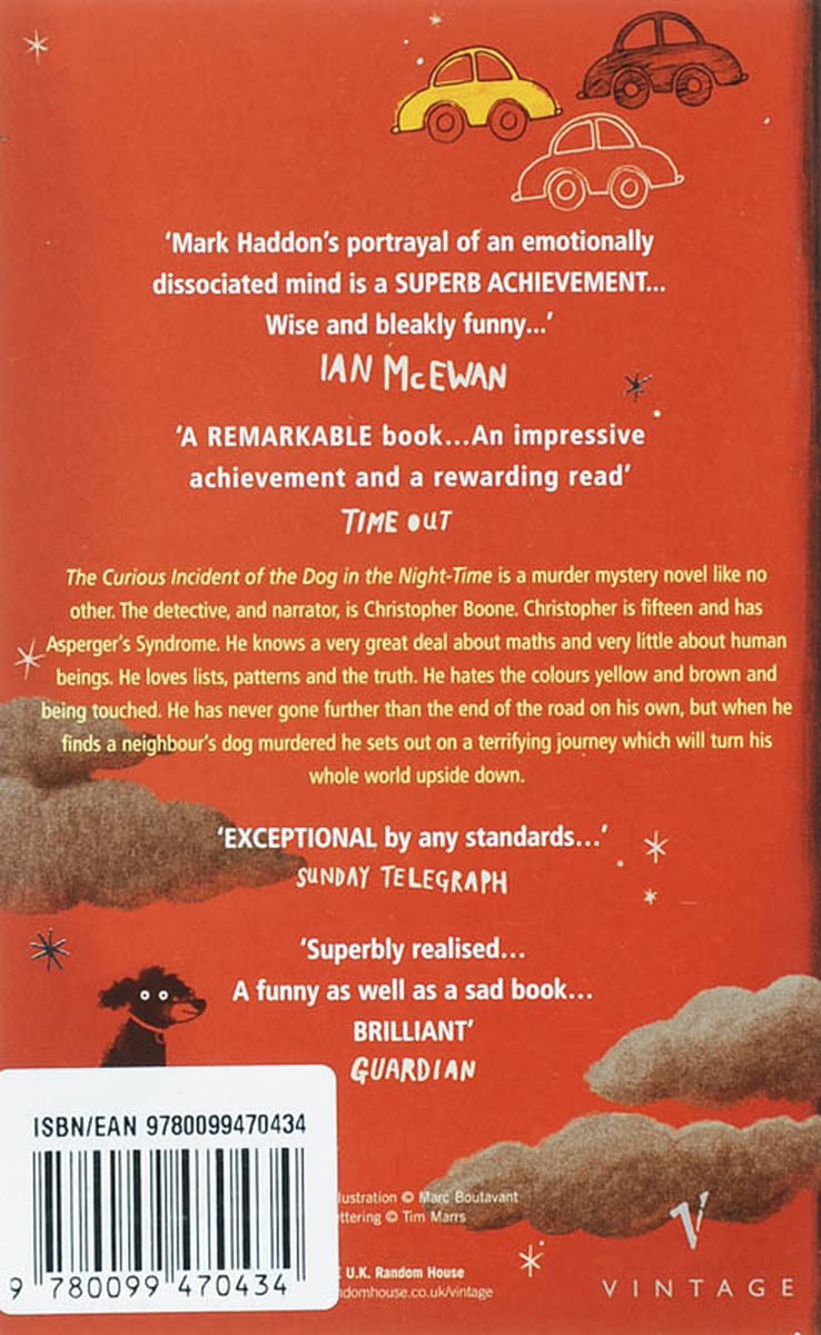 Achterkant boek "The Curious Incident of the Dog in the Night-Time" met citaten en auto's.