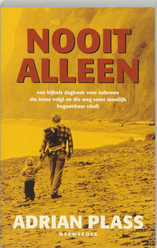 Boekcover met de titel NOOIT ALLEEN. Een man met een kind lopen over een strand. Titel en auteursnaam groot afgebeeld.
