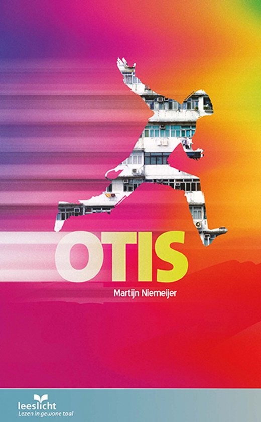Omslag van het boek Otis. Een silhouet van een rennend figuur gevuld met een gebouw, tegen een kleurrijke achtergrond.