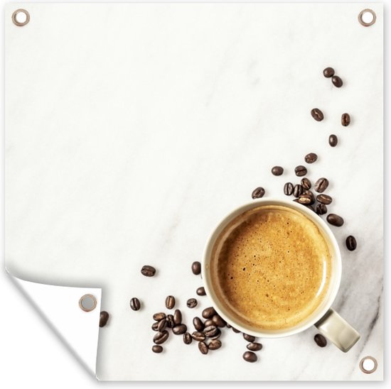 Tuin poster A cup of coffee and coffee beans on white, marble background - 200x200 cm - Tuindoek - Buitenposter