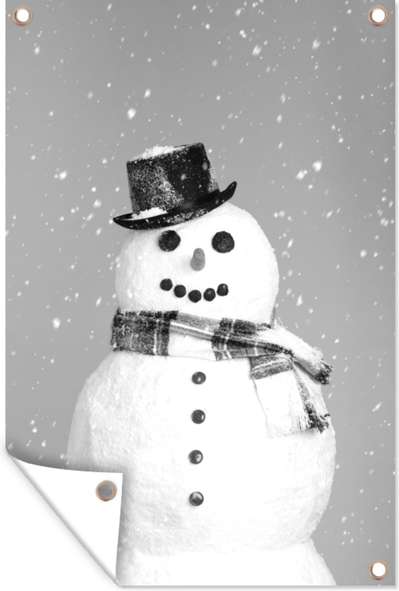 Muurdecoratie Een blije sneeuwpop tijdens kerst - zwart wit - 120x180 cm - Tuinposter - Tuindoek - Buitenposter
