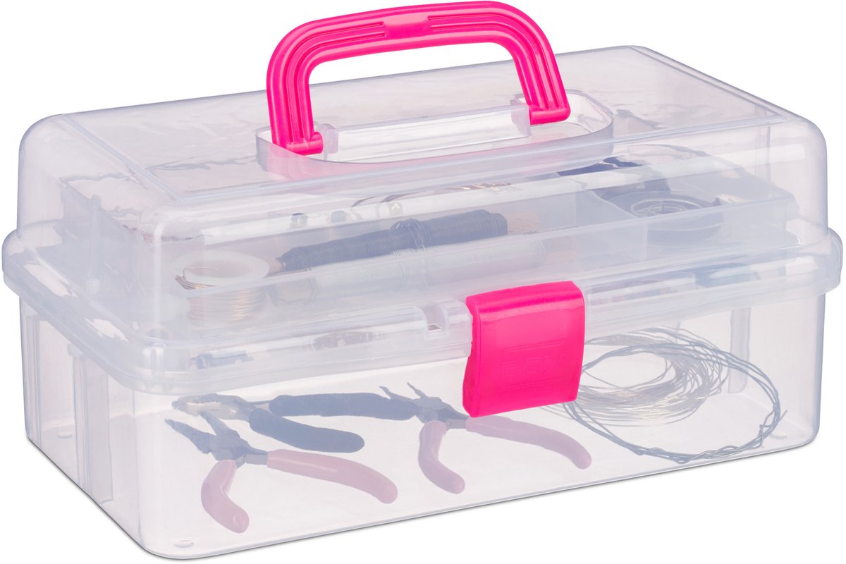 Relaxdays opbergbox met vakjes - transparante opbergdoos - 9 vakken - assortimentsdoos - roze