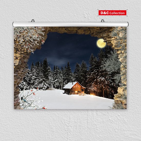 D&C Collection - poster - kerst poster - 60x45 cm - doorkijk - Gat in rots sneeuwlandschap en bos hut - winter poster - kerst decoratie