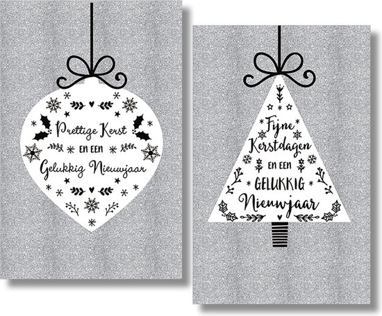 Twee kerstkaarten met glitterende zilveren achtergrond. Eén kaart in kerstbalvorm met "Prettige Kerst Gelukkig Nieuwjaar", de andere in kerstboomvorm met "Fijne Kerstdagen En Een Gelukkig Nieuwjaar".