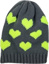 Warme muts met neon harten - Grijs / Geel - 100% Acrylic - Unisex - One Size