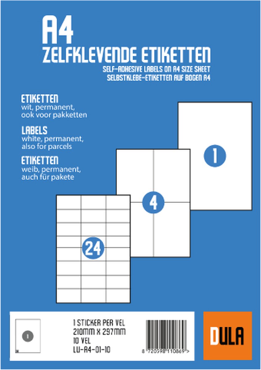 DULA Etiketten - Stickervellen A4 - 1 Sticker per vel - 210 x 297 mm - 100 vel — afbeelding 3