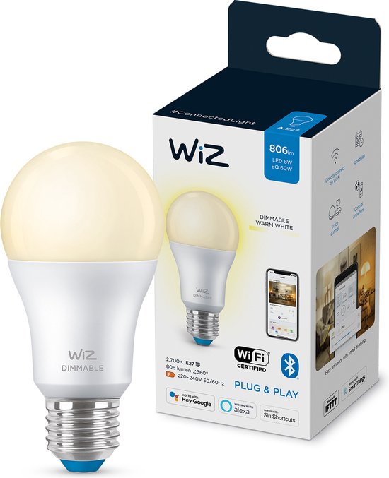 WiZ 8718699786038Z, Ampoule intelligente, Blanc, Wi-Fi/Bluetooth, LED, E27, Blanc chaud