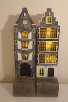 Decoratieve Huisjes - Vensterbank Huisjes - Tweezijdig Verlichte Huisjes - Typisch Hollands  - met Verlichting - 2 Grijze Huisjes