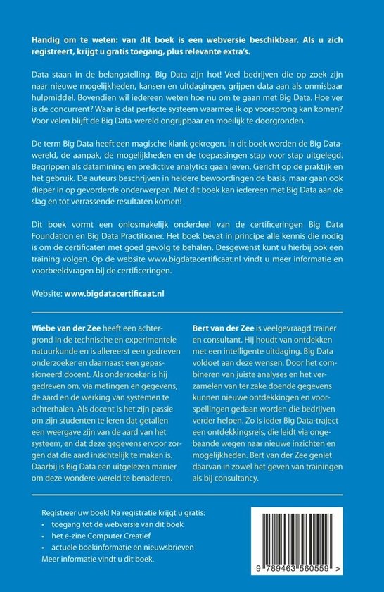 Achterkant van een boek met tekst en een barcode. Beschrijft de inhoud en auteurs.