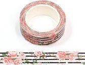 Gestreepte washi tape met rozen en bladgoud punten | 15mm - 10m