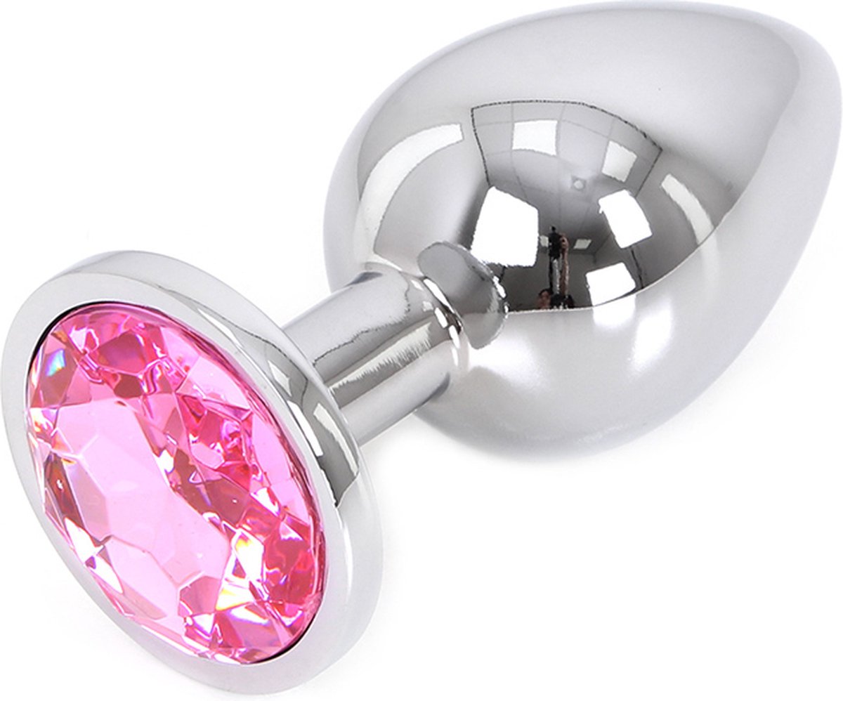 Butt plug aluminium met roze kristal - large