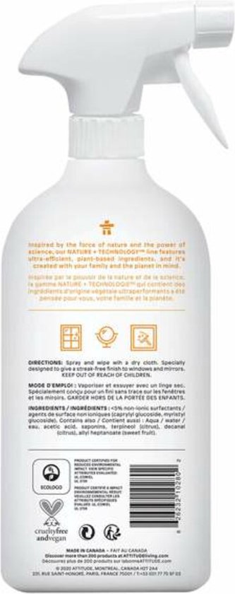 Witte spuitfles met gele tekst, de tekst 'Window & Mirror Cleaner' en een pictogram van een vlinder.