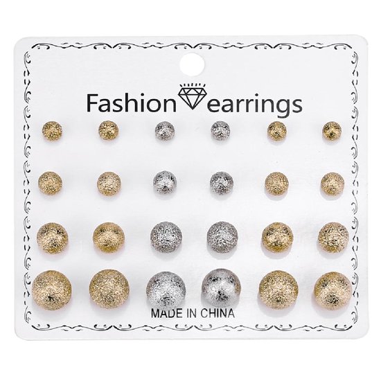Fako Bijoux® - 12 Paires Boucles d'oreilles d'Oreilles Sur Carte - Clous - Perle - Glitter - Or/ Argent - 12 Paires
