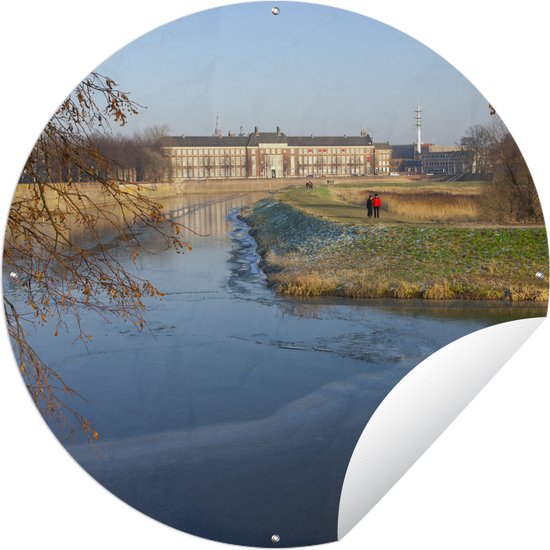 Tuincirkel Den Bosch in de winter en een bevroren rivier in Nederland - 120x120 cm - Ronde Tuinposter - Buiten XXL / Groot formaat!