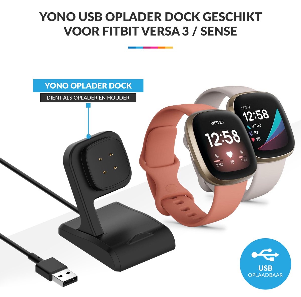 YONO Oplader Dock voor Fitbit Versa 3 / 4 / Sense - Oplaadkabel – Stand –  Zwart | bol.com