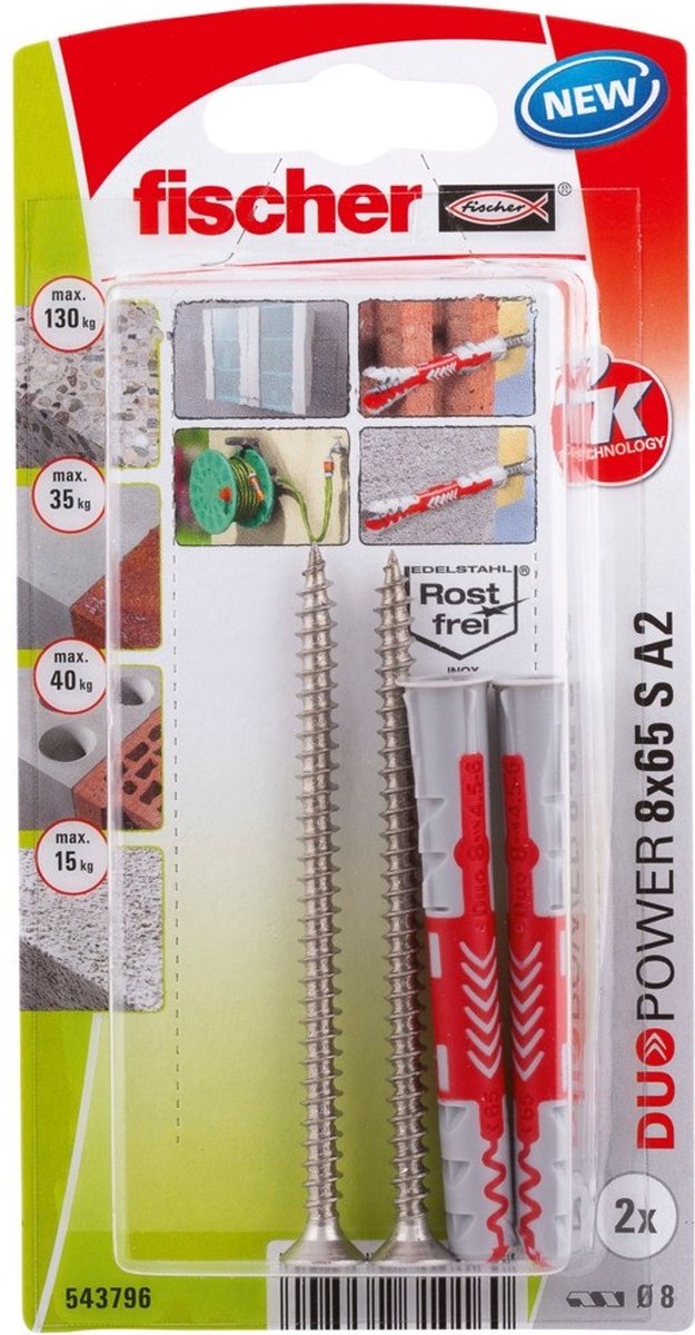 Fischer plug Duopower met rvs A2 schroef 8x65mm (Per 2 stuks)
