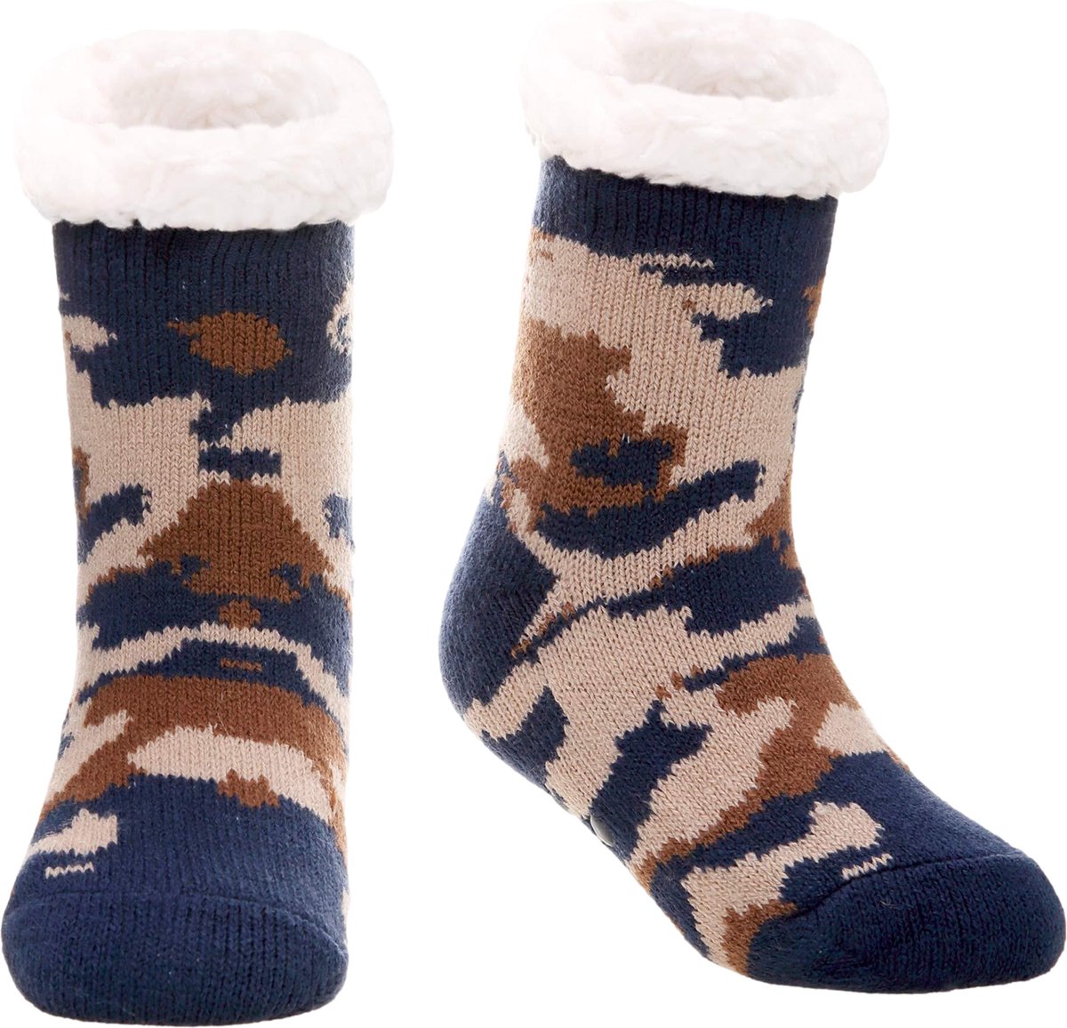 JAXY - Huissokken Dames - Verwarmde Sokken - Anti Slip Sokken - Huissokken - Bedsokken - Warme Sokken - Kerstcadeau Voor Vrouwen - Thermosokken - Dikke Sokken - Fluffy Sokken - Kerstsokken Dames en Heren - Maat 28-31 - Camo Blauw/Bruin
