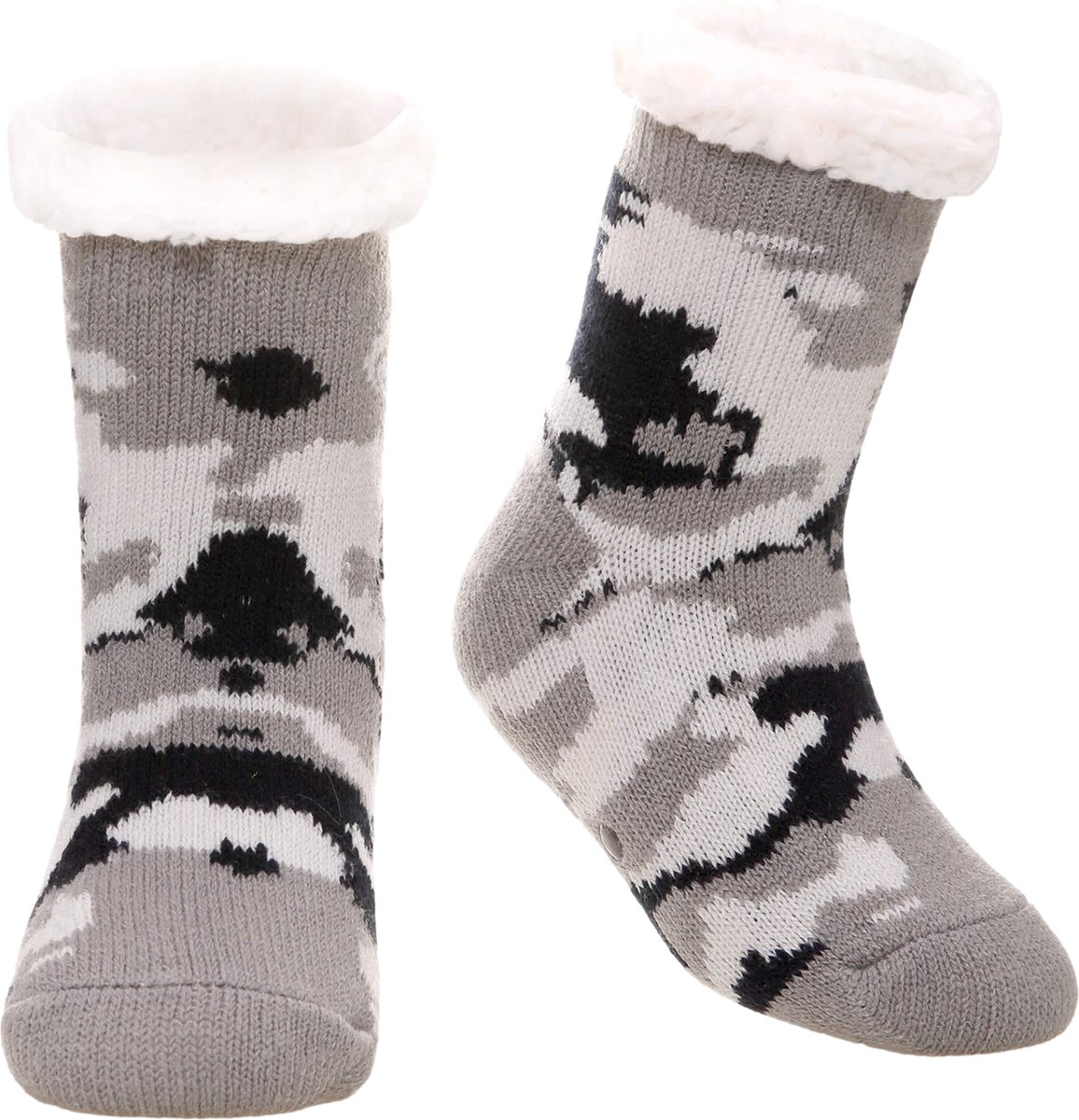 JAXY - Huissokken Dames - Verwarmde Sokken - Anti Slip Sokken - Huissokken - Bedsokken - Warme Sokken - Kerstcadeau Voor Vrouwen - Thermosokken - Dikke Sokken - Fluffy Sokken - Kerstsokken Dames en Heren - Maat 24-27 - Camo Lichtgrijs