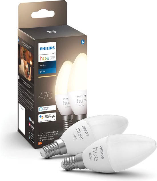 deelnemen Vertrek hebben Philips Hue Kaarslamp Lichtbron E14 - zachtwit licht - 5,2W - Bluetooth - 2  Stuks | bol.com