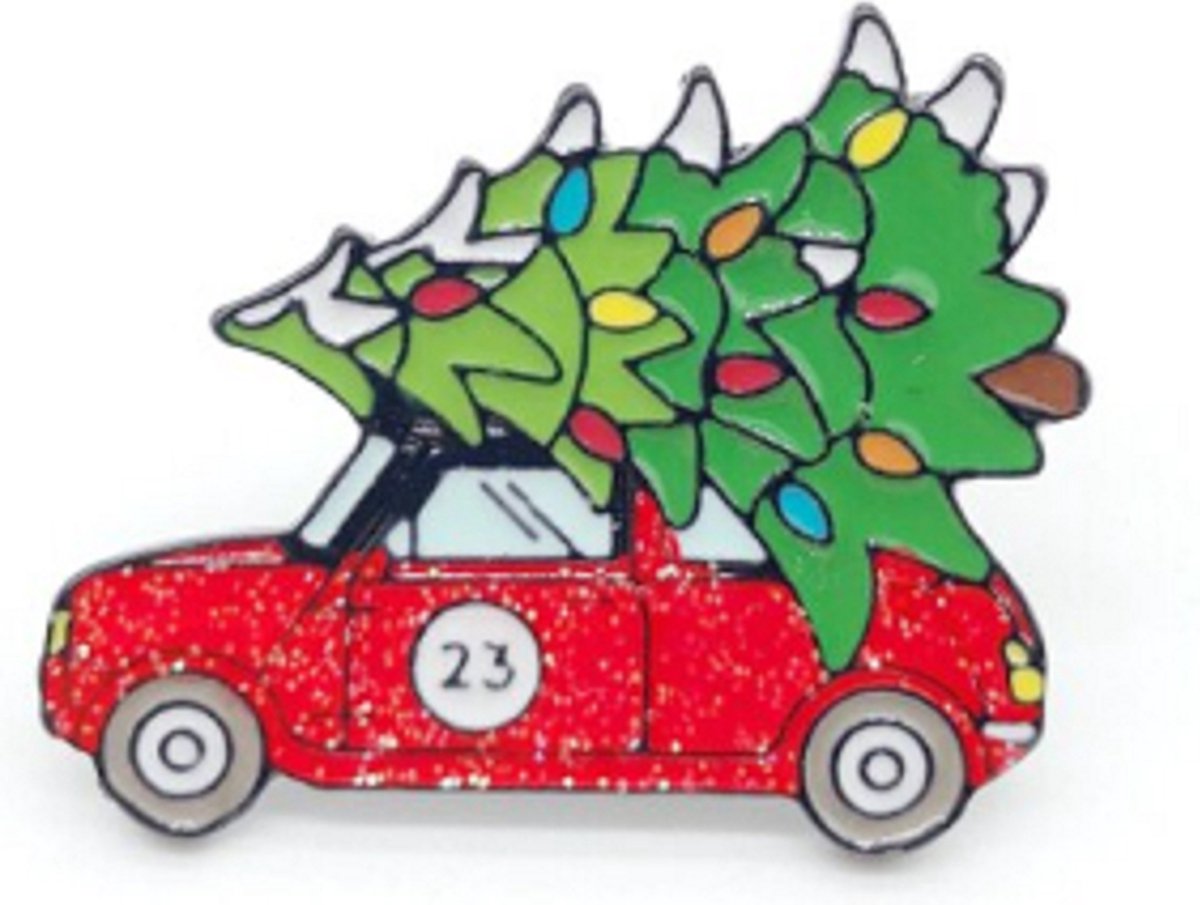 Pin ''christmas car'' red, kerst, kerstboom, broche, kledingspeld