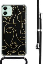 iPhone 11 hoesje met koord - Abstract faces | Apple iPhone 11 crossbody case | Zwart, Transparant | Geometrisch patroon