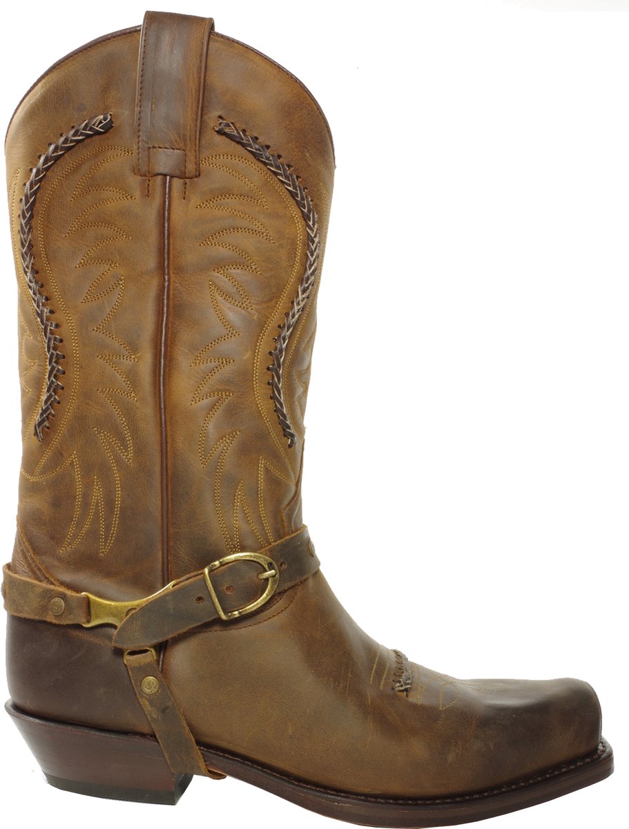 Sendra Boots 3434 Sam Bruin Dames Heren Biker Western Boots Unisex Vierkante Neus Beetje Schuine Hak Sier vlechtwerk Treklussen Echt Leer Maat 39