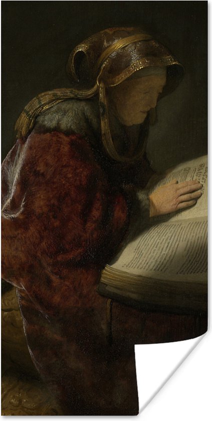 Poster Oude lezende vrouw, waarschijnlijk de profetes Hanna - Schilderij van Rembrandt van Rijn - 20x40 cm