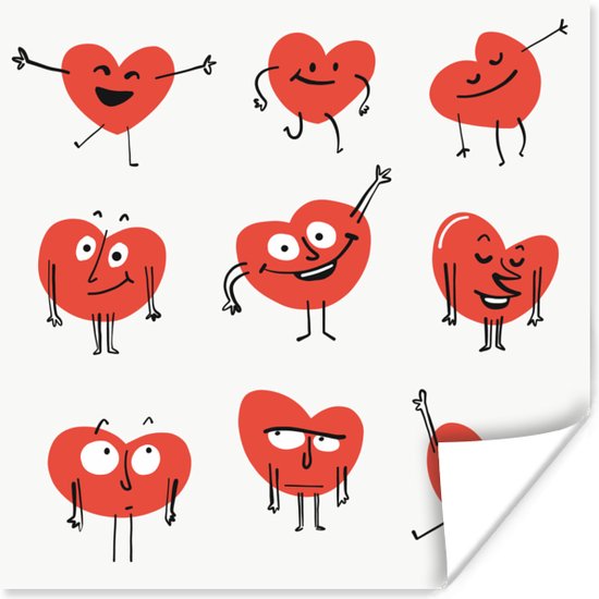 Poster Een illustratie van negen hartjes met emoties - 75x75 cm