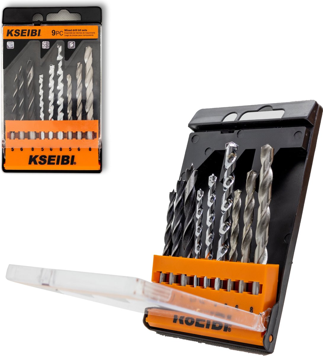 Kseibi - Borenset - 9-Delig - 3x Houtboor - 3x Metaalboor - 3x Steen/Betonboor - Spiraalboren - 5-6-8mm - Hoogwaardige kwaliteit