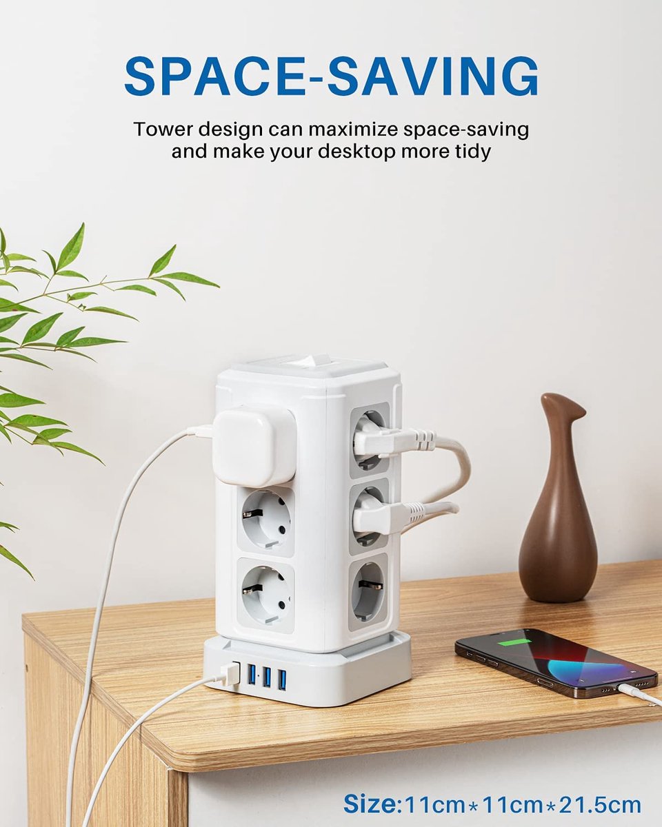 ANTELA 7-in-1 Cube Stekkerdoos 16A 3680W met Schakelaar, 3 Stopcontact met 3 USB en 1 Type C, met Overspanningsbeveiliging,Overbelastingsbeveiliging, 1 ,5 Meter Gevlochten Kabel Power Strip
