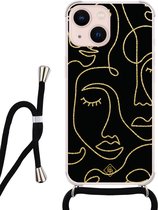 iPhone 13 hoesje met koord - Abstract faces | Apple iPhone 13 crossbody case | Zwart, Transparant | Geometrisch patroon