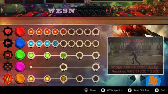 Een menu van een videogame met gekleurde knoppen, skill trees en een instructie "Mow all the grass!".
