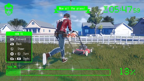 Karakter met rode jas maait gras met grasmaaier. Instructies op scherm: 'Mow all the grass!'