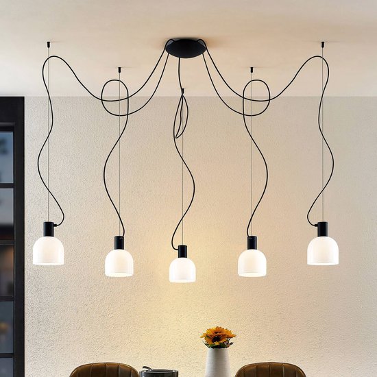 Lucande - hanglamp - 5 lichts - glas, ijzer - E27 - wit, zwart
