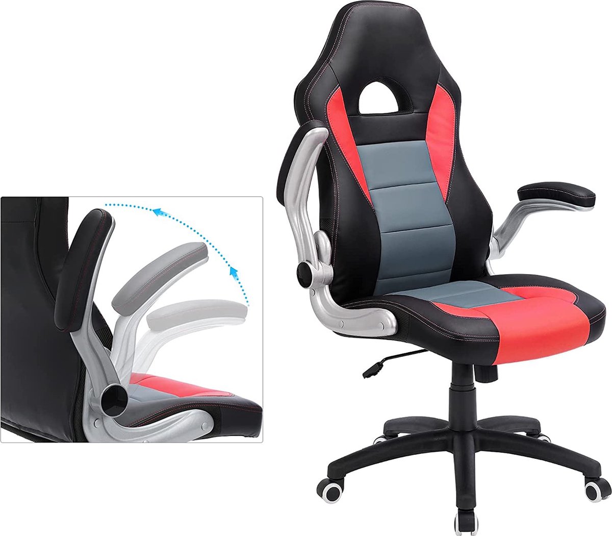 Segenn's Stylo2 bureaustoel - gamestoel - racestoel - bureaustoel - ergonomische bureaustoel - opklapbare armleuningen - wipfunctie - zwart-grijs-rood