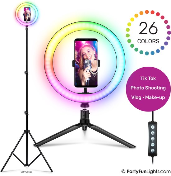 elektrode Londen Voorganger PartyFunLights VOORDEEL SET - Selfie Ringlamp met twee statieven - RBG LED  multi-color... | bol.com