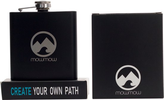 MowMow | Heupfles | Platvink| Flacon | Gelaserd logo | 175ml | Roestvrij staal | Zwart