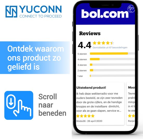 Scherm van een smartphone met bol.com reviews, 4.4 sterren, voor de YUCONN wekkerradio.