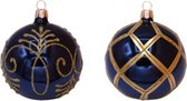 Hippe, Blauwe, Kerstballen met Gouden Ruitennet en Chique Gouden Glitter Design - Doosje van zes kerstballen van 8 cm