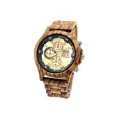 Woed | Cameroon - Houten horloge heren - 50 mm - Quertz - Premium - Zebra hout- Bruin - Goud