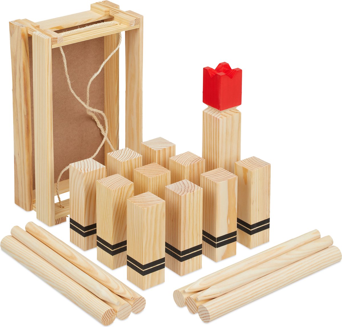 Relaxdays Kubb spel met rode koning - houten blokken - familiespel - 21 speelfiguren