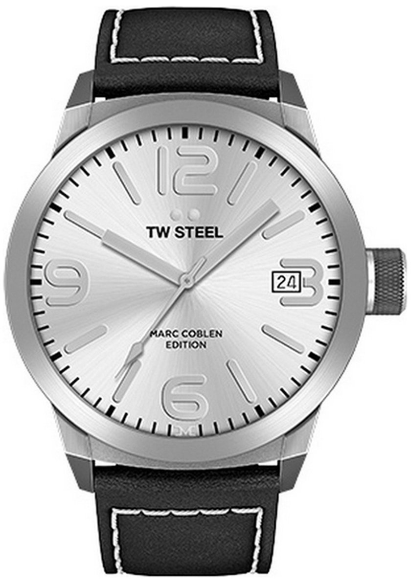 TW Steel heren horloge (45mm) - zilver met zwarte leren band - Maat: One size
