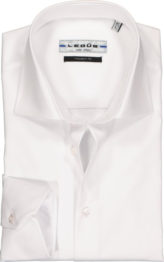 Ledub modern fit overhemd - wit twill - Strijkvrij - Boordmaat: 45