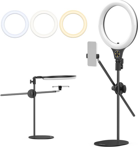Ulanzi Ring-10 Topshot Ringlamp met statief - Werkhoogte 80 cm - 180 graden kantelbaar - Ringlight voor smartphones tot 9,4 cm breed - Telefoon statief met lamp - Zwart