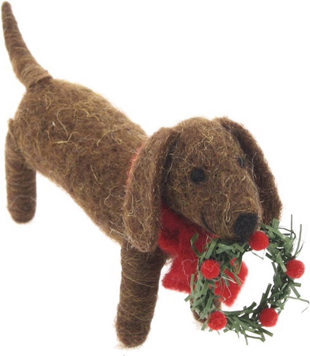 Meander | Hond met sjaal en kerstkrans | vilt | 17x4x8cm | kerstdecoratie
