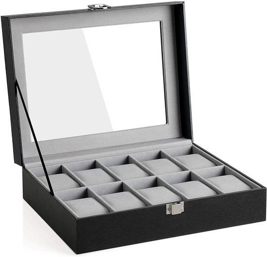 horlogebox met 10 vakken, horlogebox met glazen deksel, horlogekast met afneembare horlogekussens, SAMT-bekleding, metalen gesp, gemaakt van PU, zwart, grijs, 25,4 x 7,8 x 20,2 cm JWB010BK