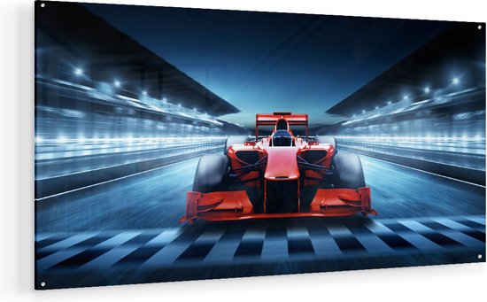 Artaza Glasschilderij - Formule 1 Auto bij de Finish - Rood - 120x60 - Groot - Plexiglas Schilderij - Foto op Glas